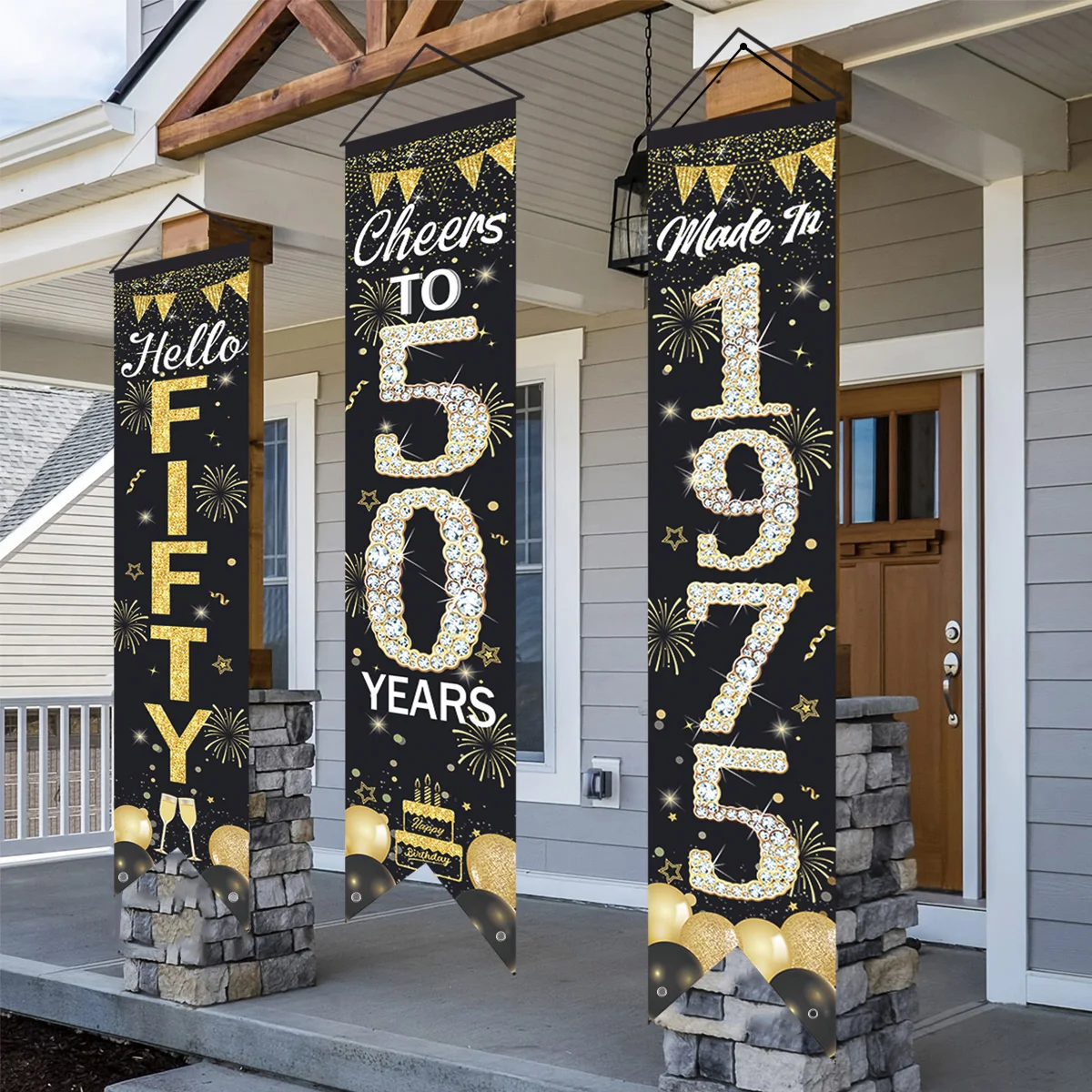 Türvorhang zum 50. Geburtstag, Prost bis zu 50 Jahren, hängendes Banner, schwarz-goldenes Geburtstagsparty-Dekoration für Zuhause, Jubiläumsdekorationen