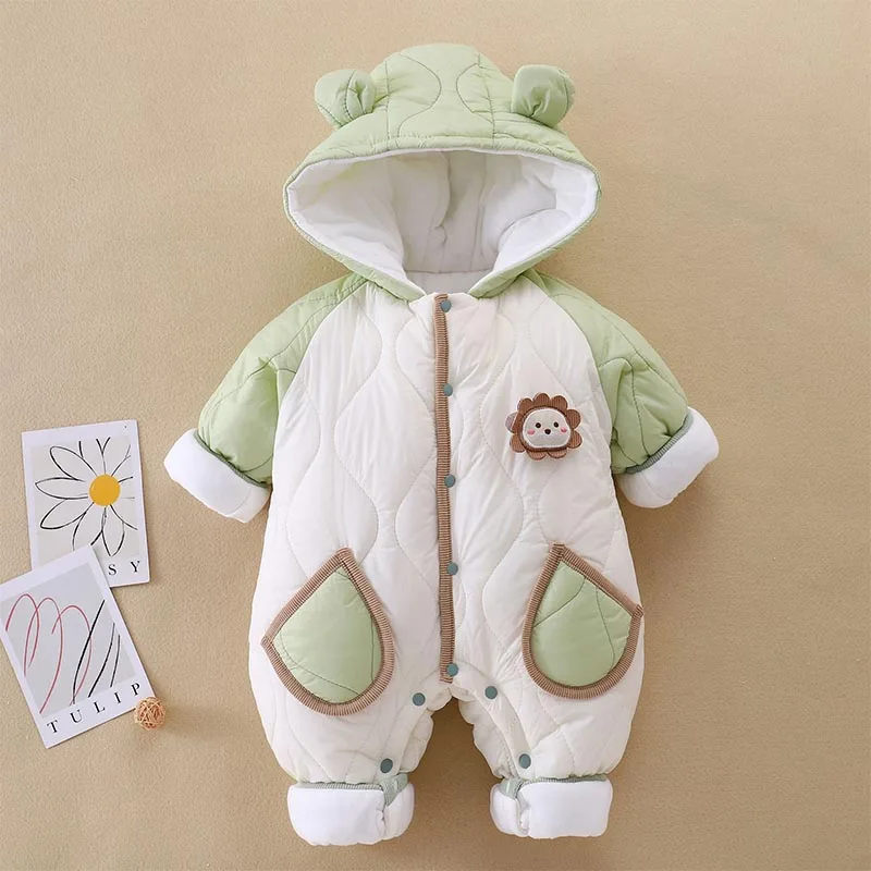 2024 Fall Winter Baby Outwear Clothing Fur Lining Warm Thick Toddler Girl\'s Rompers Cartoon Bear Infant Jumpsuit