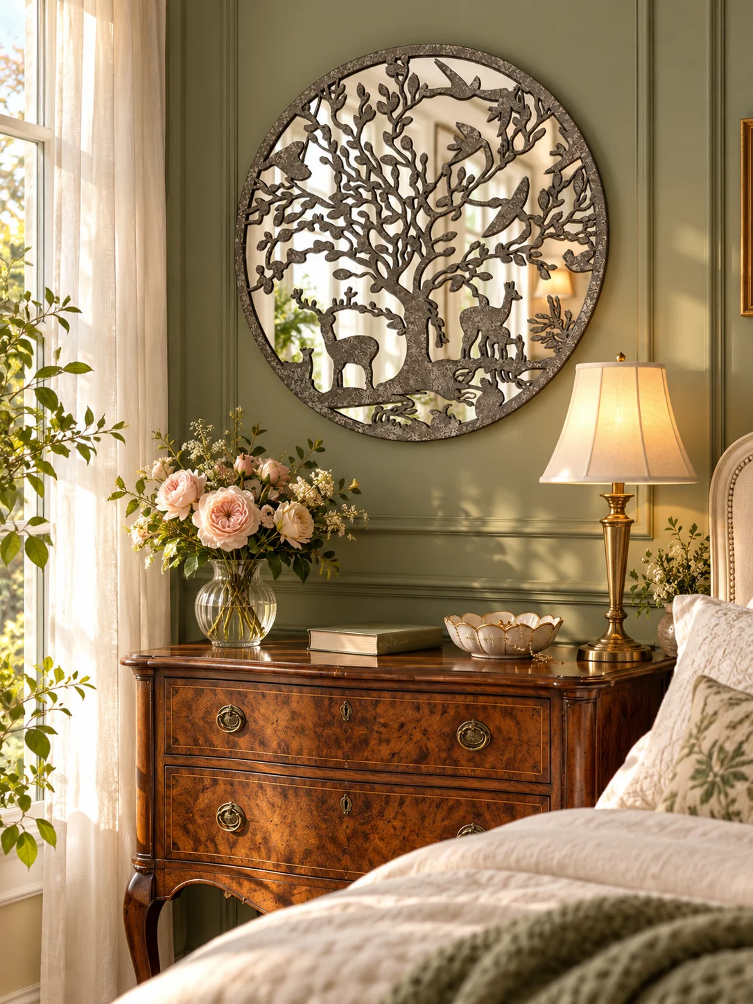 Vintage Metal Wall Mirror, Round Garden Scene with Birds and Dandelions, 60cm Diameter, Rustic Iron Decorative Wall Art