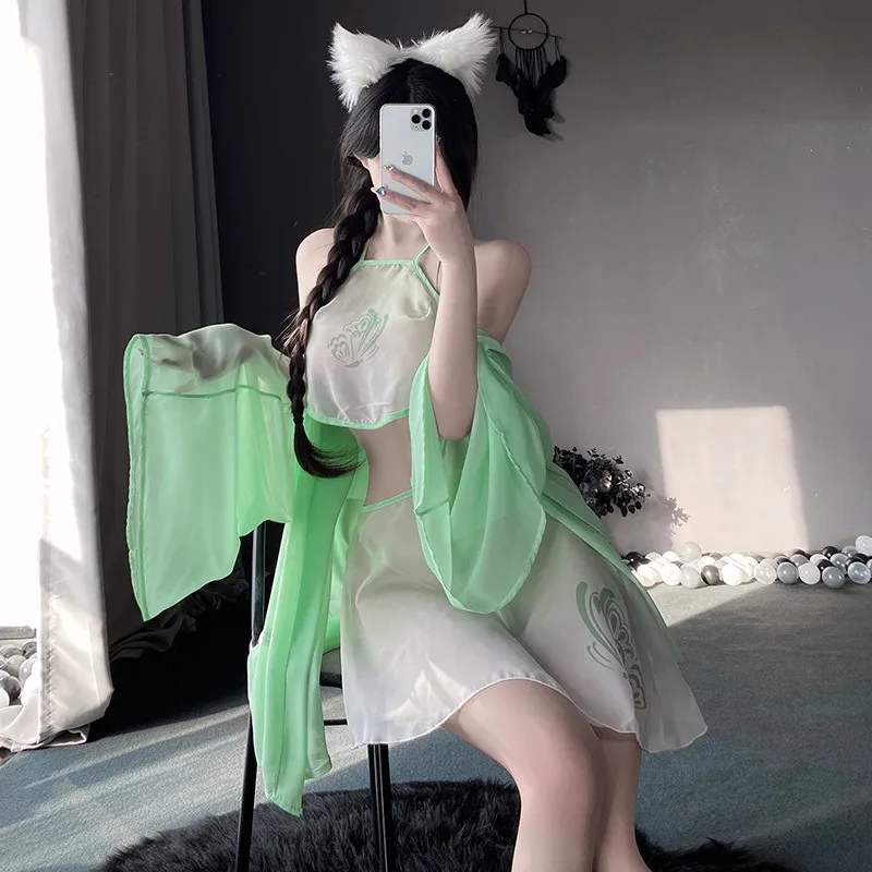 Sexy Lingerie Anime Chinese Wind Fairy Costume Uniform Temptation for Women Passion Cosplay Blouse + Skirt +T Pants + Headband