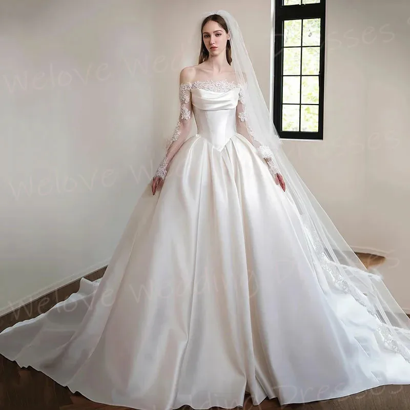 Elegant A Line ชุดแต่งงานของผู้หญิงปิดไหล่ซาติน Vestido ที่กําหนดเองชุดเจ้าสาวแขนยาวลูกไม้ Robe De Mariage