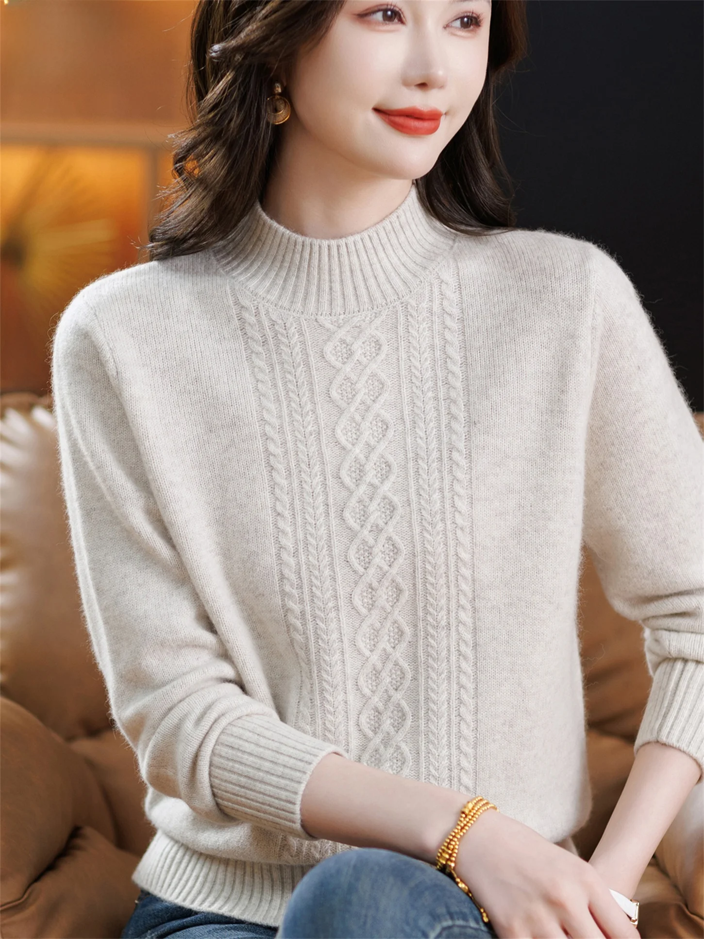 

Теплая свободная трикотажная одежда однотонного цвета с льняным узором, модная нижняя одежда для женщин среднего возраста, осень-зима, новинка