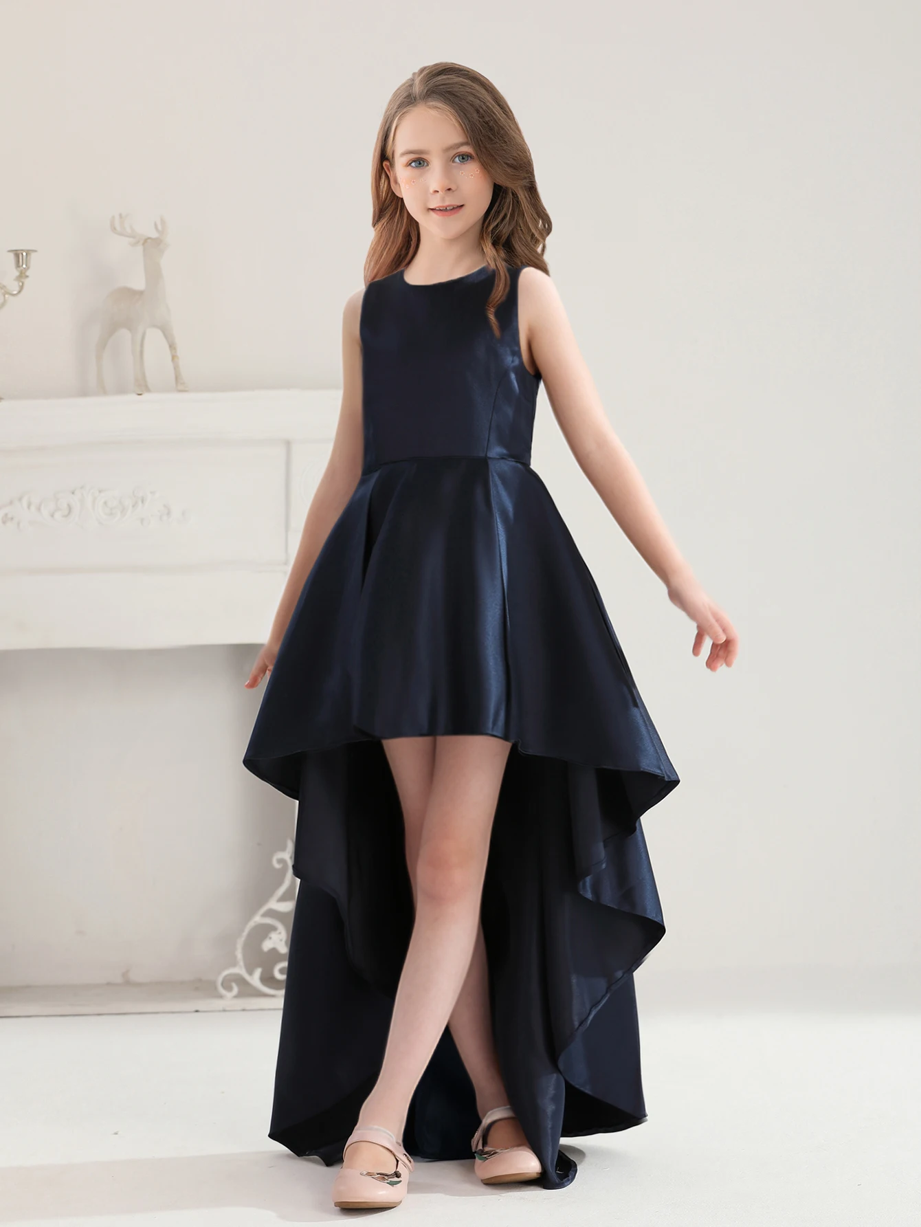  Elegant  Fashionable Party Dress For Teenagers Girl Tailcoat Royal Blue Short Chest Long Back Dress Wedding Bridesmaid Dress