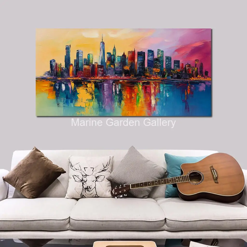 Textured Canvas Art Urban Cityscape Skyline Handmade Knife Painting Landscape Contemporary Artwork for Cafe Bar Decor Large