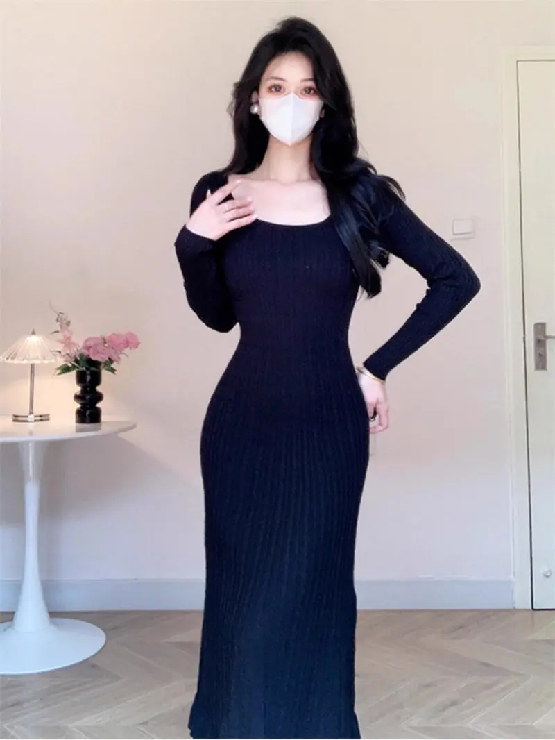 Autumn And Winter Knitted Dress With Low Round Neck Temperament Korean Version Slim Fit Versatile Base Sweater Dress Midi A360