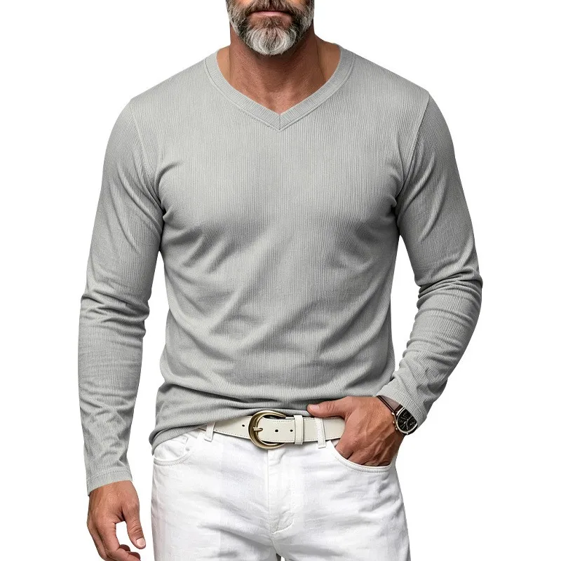 Men's Single-Piece Autumn and Winter Inner V-Neck Casual Loose Knit Long-Sleeve T-Shirt, Soft and Stretchy Basic Layering Top
