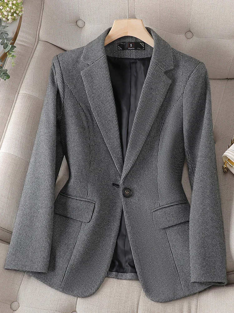 Grey Formal Women Suit Plaid Blazer For Autumn Winter New in Long Sleeve Single Button Apricot Casual Jacket Female Work Coat