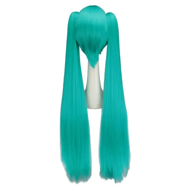WHIMSICAL W Capelli sintetici Miku Cosplay Parrucca lunga Parrucche verdi resistenti al calore per feste con 2 parrucche a coda di cavallo con clip