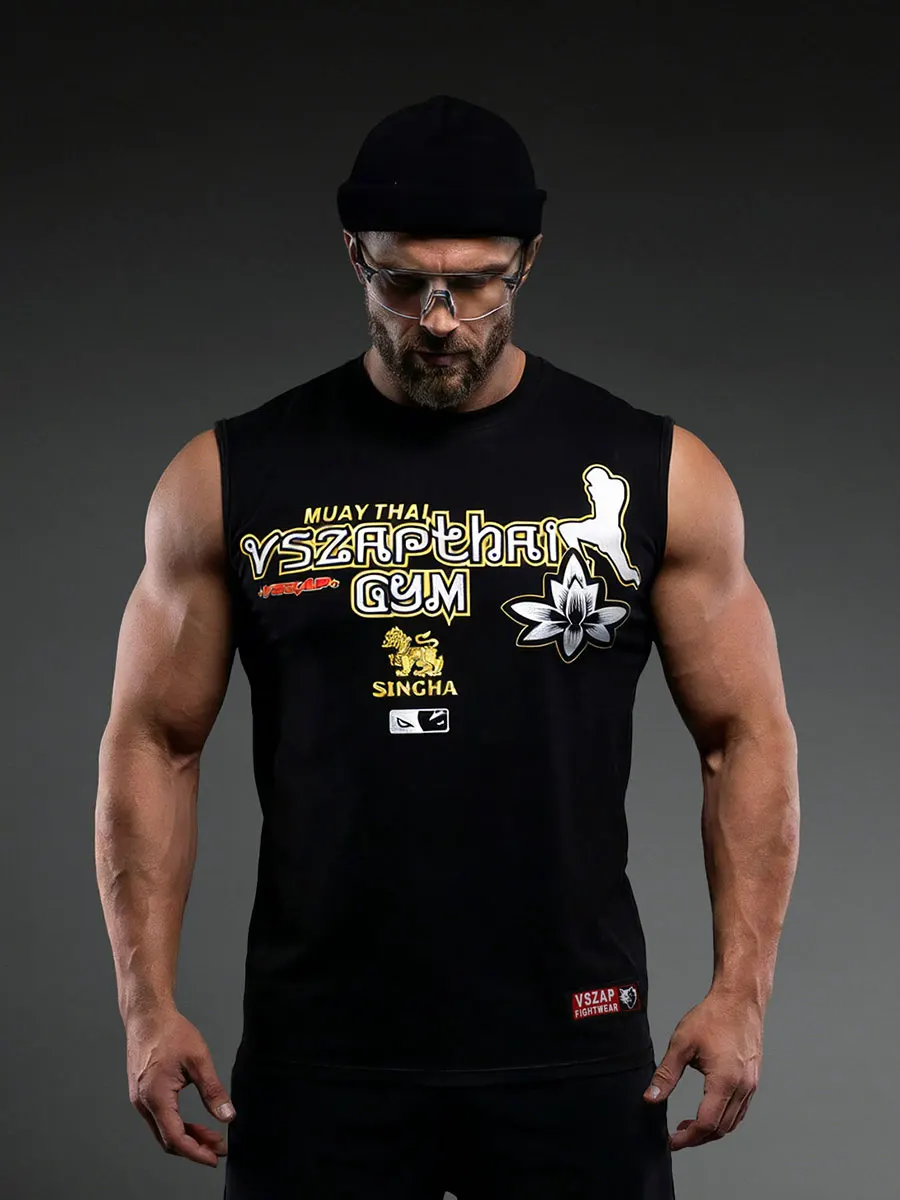 

VSZAP Thai Boxing White Lotus Svel Vest Quali Men's Gold Print T-irt Sports Fitn Training Summer Trendy Brand