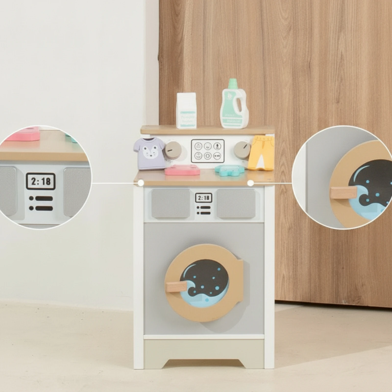 Toy Washing Machine Wooden Washing Machine Toy Play Washer Realistic Washer and Dryer Playset Sturdy for Children, Playroom