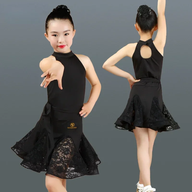 Robe de danse latine en dentelle pour enfants, salsa, tango, salle de Rh, costume de compétition, vêtements de danse pour enfants, nouveau