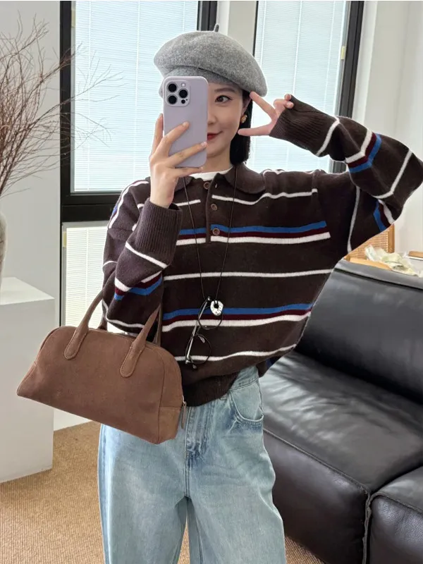 Korean Striped Knitwear Long Sleeve  Neck Loose Casual Top for Women Autumn Fashion Design Soft Polyester Blend Warmth