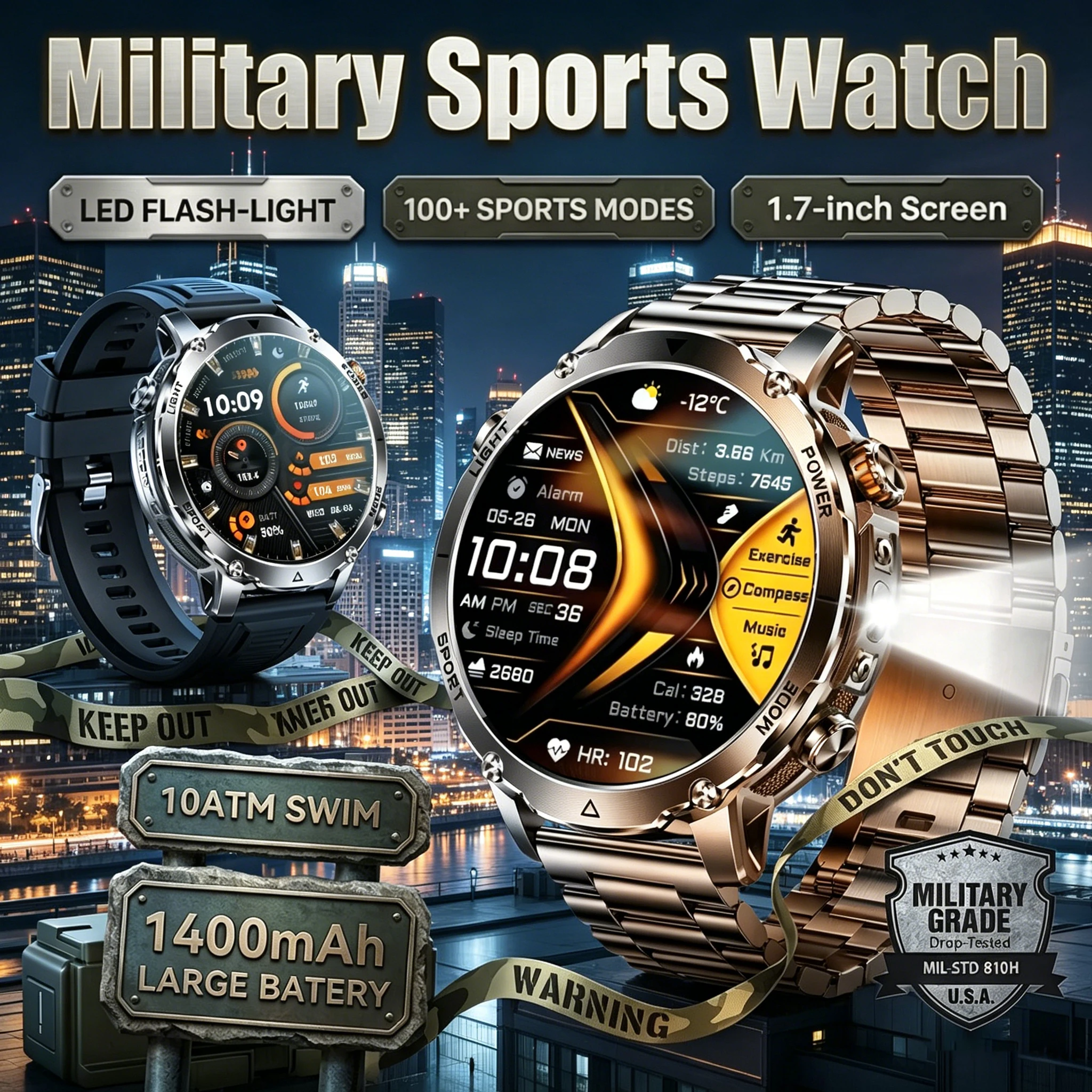 

Новые военные смарт-часы 2026 года с аккумулятором 1400 мАч, мужские, для активного отдыха, с фонариком, водонепроницаемые IP68, с измерением пульса, Bluetooth-звонками, спортивные браслеты