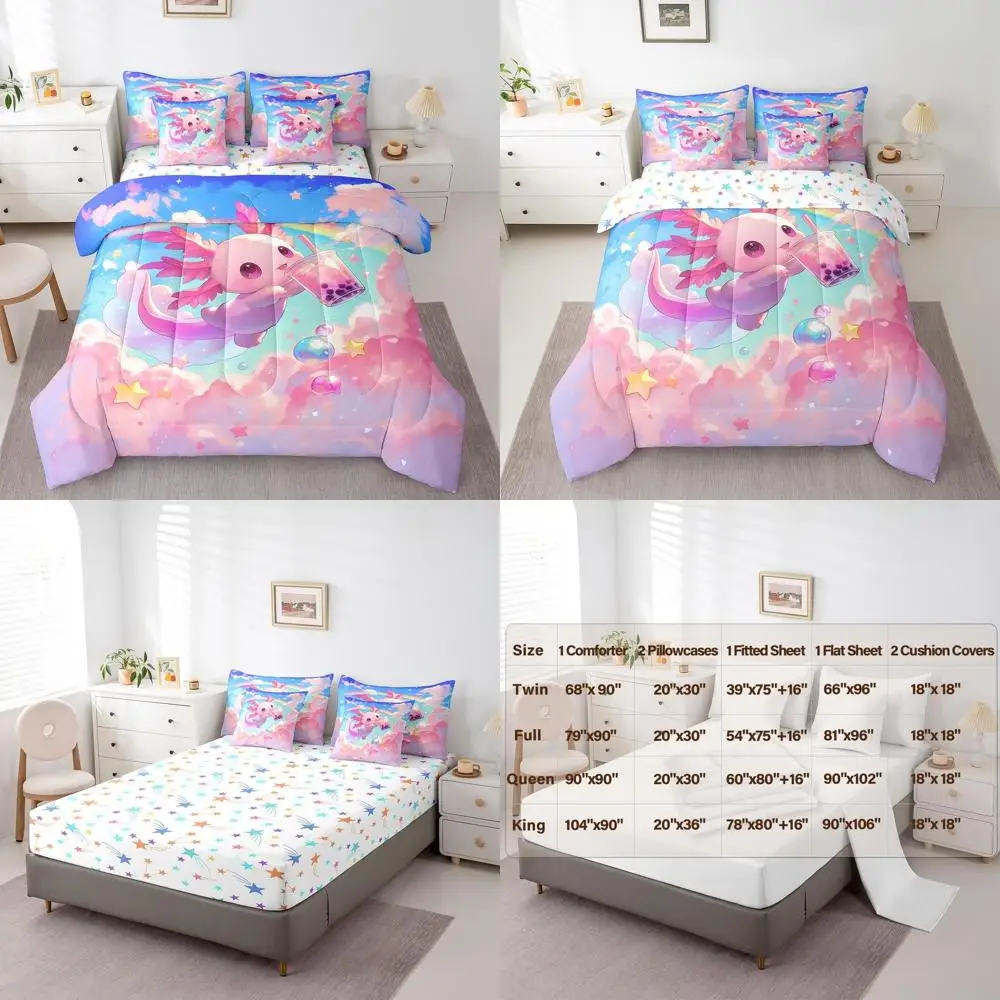 

Twin Size Axolotl Themed 7-Piece Kids Bedding Set with Cloud Comforter, Sheets, and Rainbow Animal Print for Boys and Girls