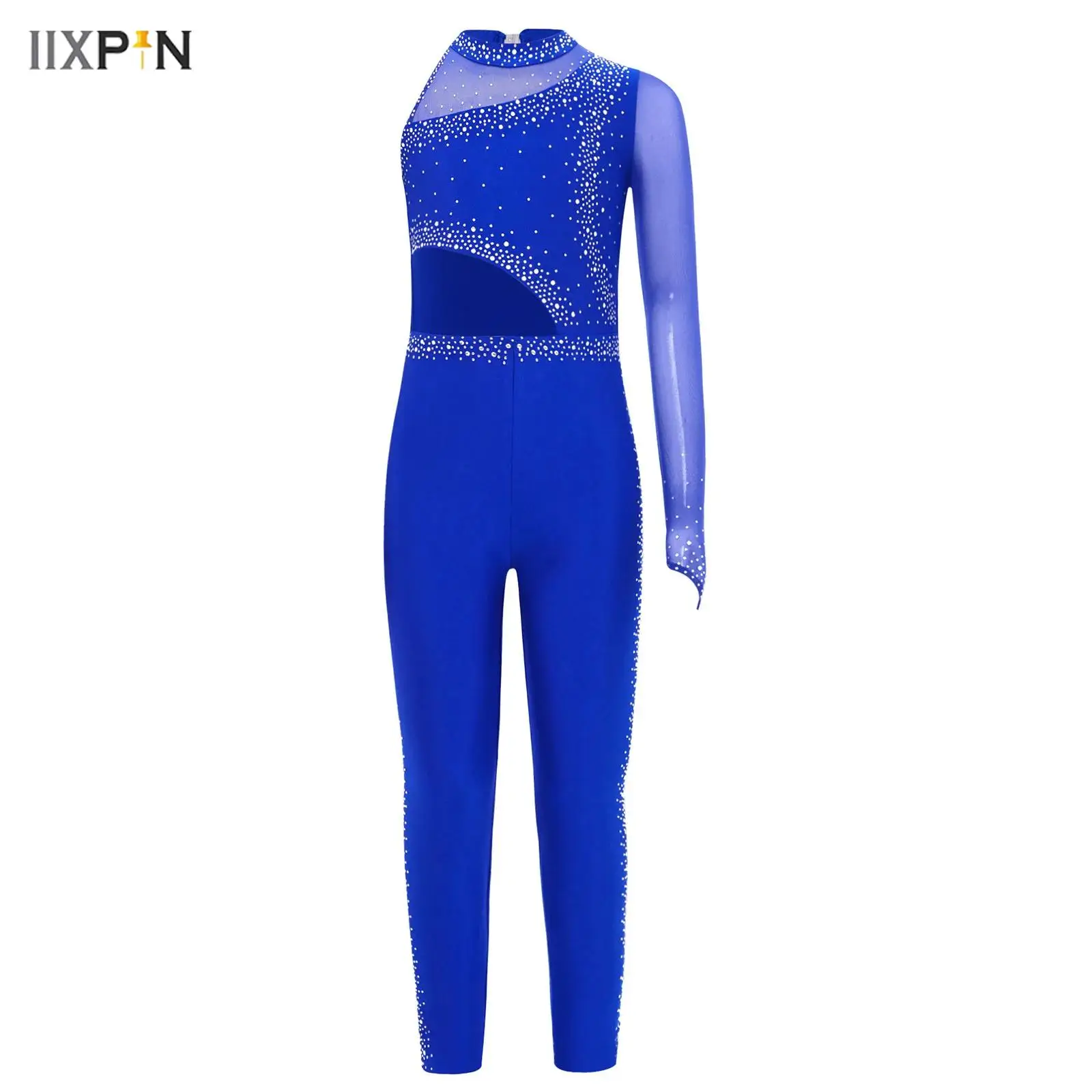 

Kids Girls Gymnastics Figure Skating Dance Jumpsuit Sheer Mesh Patchwork Asymmetrical Sparkly Rhinestones Full Body Leotard