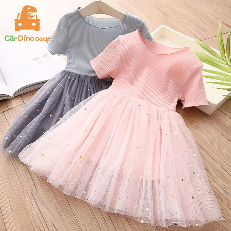 Kids Baby Girl Mesh Dress 2024 Summer European Style 2 3 4 5 6 8 10 Years Children Elegant Princess Glitter Lace Gauze Patchwork