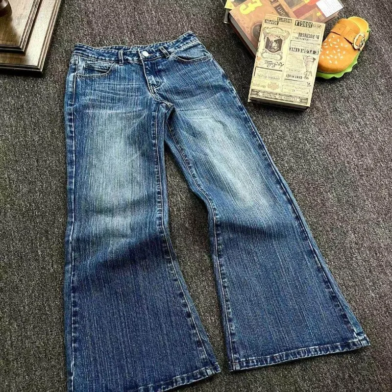 American Vintage Women Jeans Summer New Slub Low Rise Flare Pants Loose Slim Fit Hot Girl Non Cling Denim Trousers