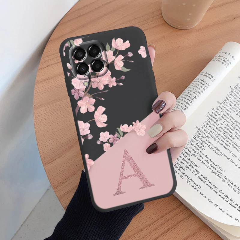 Initial Letter A Z Case For Samsung Galaxy M33 M53 M13 M14 5G Cover Pink Flowers Soft Silicone Back Fundas Shell  Coque Bumper