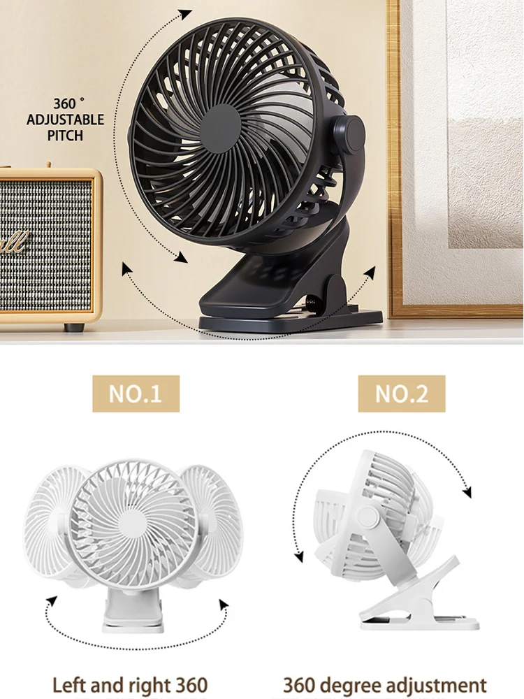 Portátil USB Mini Clip Fan, rotação de 360 °, ventilador de mesa ajustável, ultra-silencioso, ventilador elétrico, pequeno ventilador para estudante