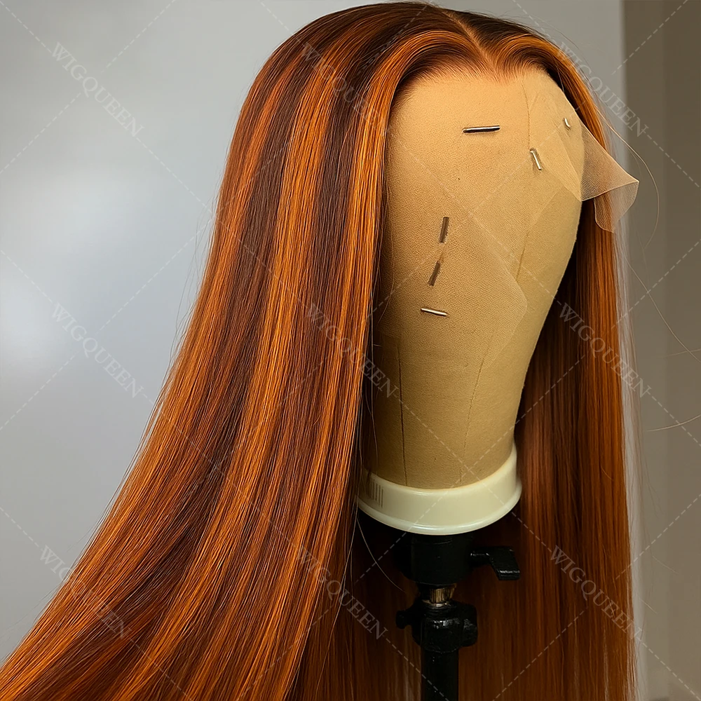 

Обновление # 4/350 Omber Ginger Mix Коричневый мелированный парик Человеческие волосы Skunk Stripe Bone Straight 5x5 Кружевной передний бесклеевой парик Человеческие волосы