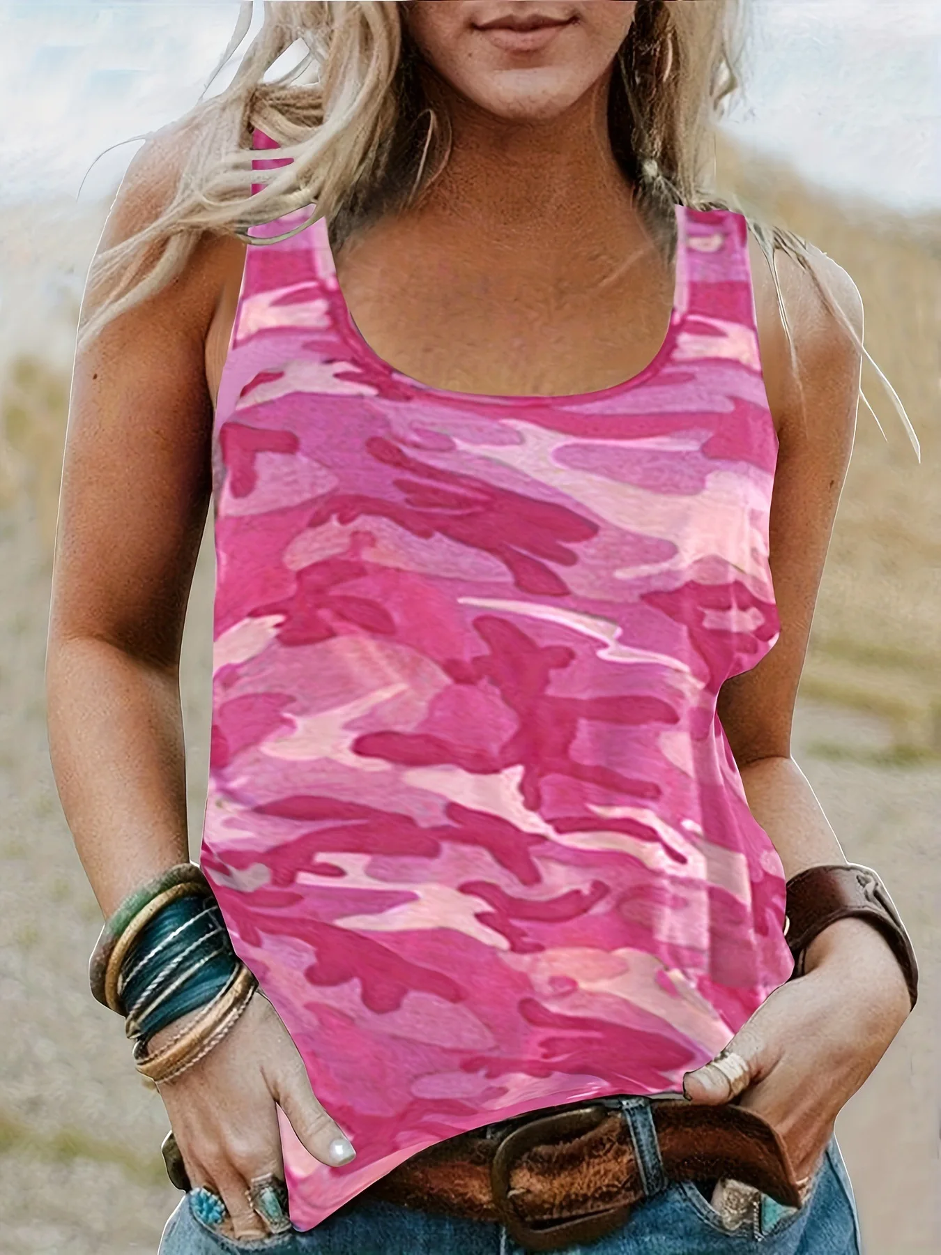 Kamuflażowy nadruk O Neck Lady Kamizelki Podstawowe elastyczne podkoszulki Casual Vintage Bez rękawów Camisole Odzież damska Lato 2024 Trend — zdjęcie 5
