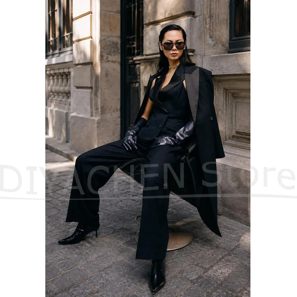 Women Long Tuxedo Suit Satin Peak Lapel Double Breasted Blazer Vest Pants Elegant Formal Wedding Party Lady Suits 3 Piece