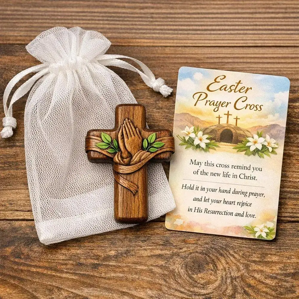 Small Pocket Prayer Cross with Card, Portable Wooden Prayer Cross Pocket Card with Bag for Easter Christmas Token, Church Favors