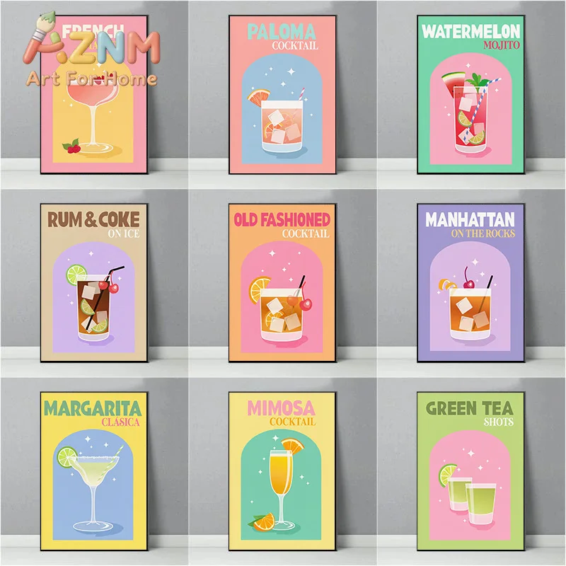 French Martini Green Tea Man hattan Margarita Colorful Cocktail Poster Print Wall Art Pictures Canvas Painting Room Home Deco