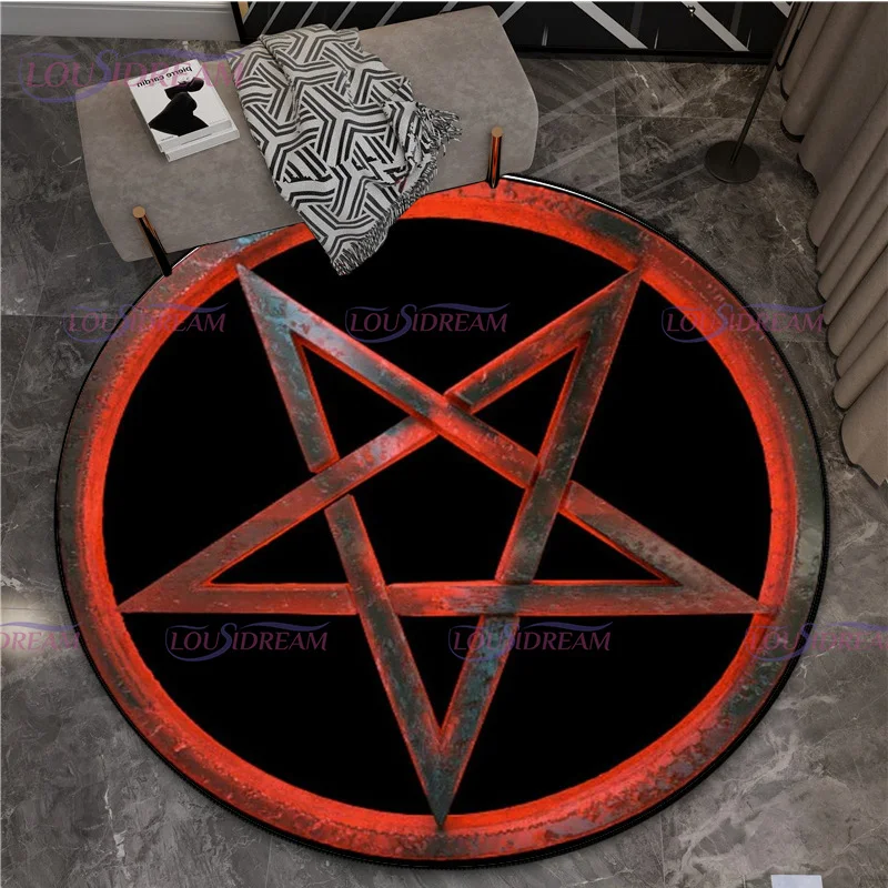 Satanic Goat Gothic Punk Pentagram Round Rug Non Slip Doormat  Floor Horror Devil Rug Living Room Mats Witch Round Rug