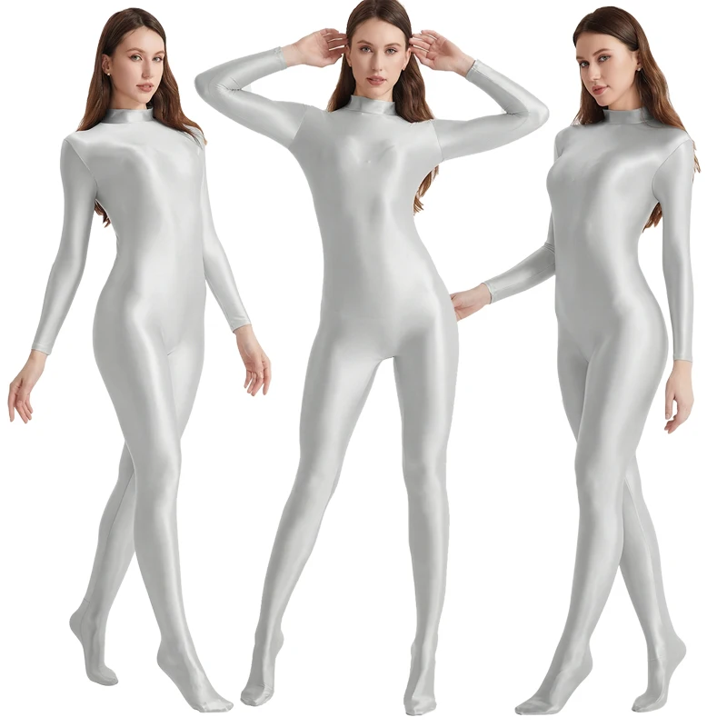 Glossy Shiny Zentai Catsuit for Women High Neck Ultra Soft Yoga Workout Cycling Shapewear Full Body Bodysuit Cosplay Costume