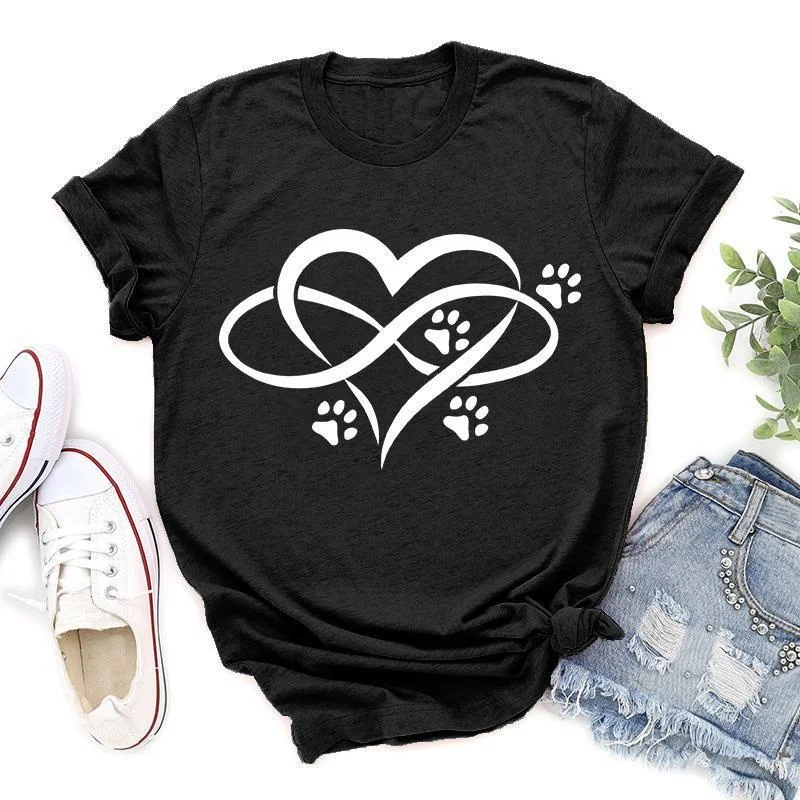 Dog Paw Print T-shrits For Women Summer Short Sleeve Round Neck Cute Loose T-shirt Creative Personalized Tops