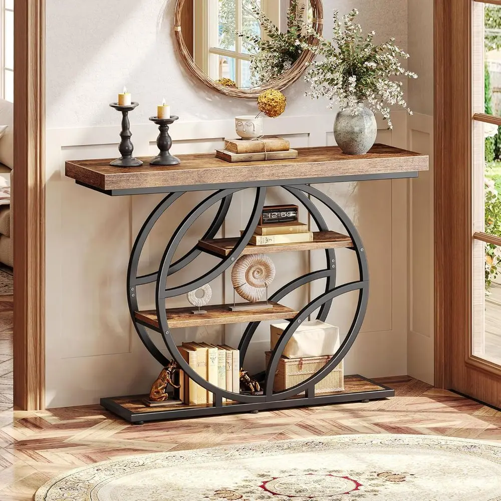 طاولة كونسول بنية ريفية صناعية مع مساحة تخزين، طاولة أريكة مدخل 41.3، طاولة مميزة للممر والردهة والمدخل #3