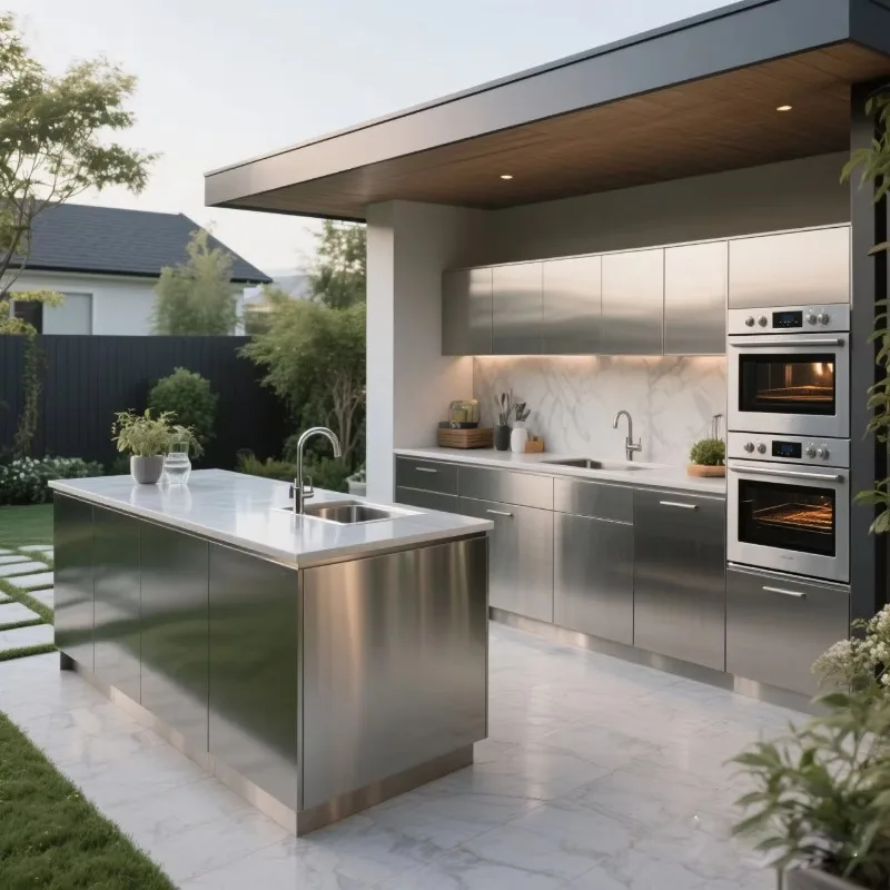 Robuste Küchenschränke aus Edelstahl für einfach zu installierende modulare Außenmöbel