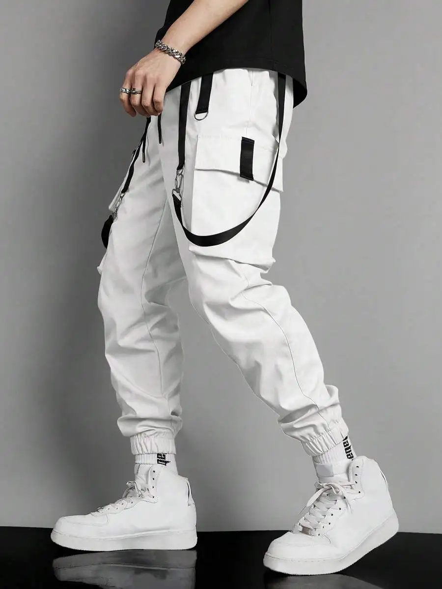 

Men Cargo Pants With Flap Pockets And Buckle Detail All White Casual Streetwear