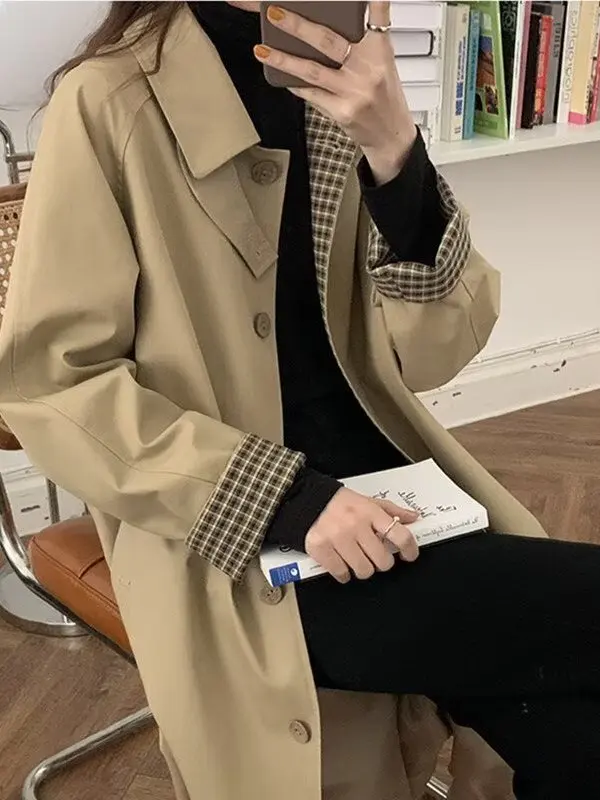 

Casual Sle Korean High Street Mid-Length Plaid Pattern Women's Windbreaker Coat Autumn Winter Vintage Briti Sle Patchwo...