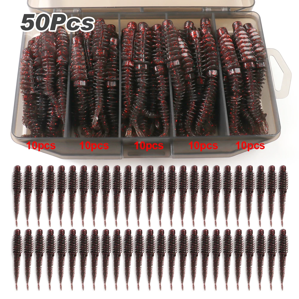 50 Stück/Box Weiche Köder 6,5cm 7,5cm 8,5cm TPE-Wurm mit Jighaken Karpfenangeln Pesca Swimbait-Ausrüstung Fischgeschmack Angelzubehör-Box Köder