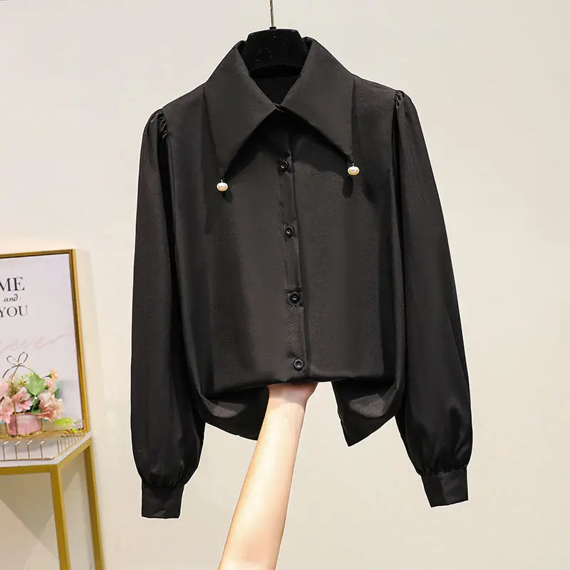 Simplicity Button Shirt Tops Polo Neck Long Sleeve Loose Chiffon Fashion Blouse Spring Autumn New Vintage Elegant Women Clothing