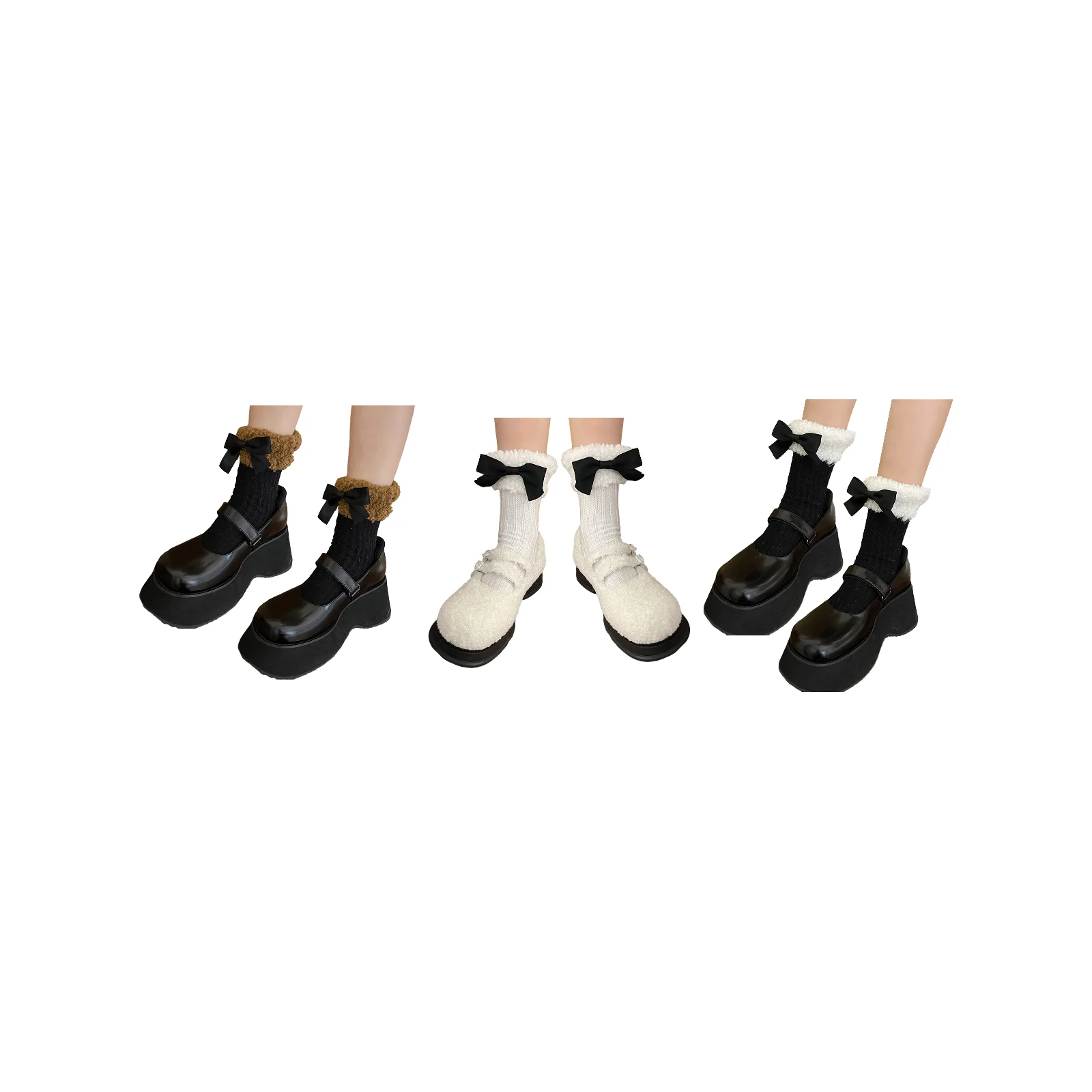 

Lace bow pile socks three-color combination pack (black brown + white + black)