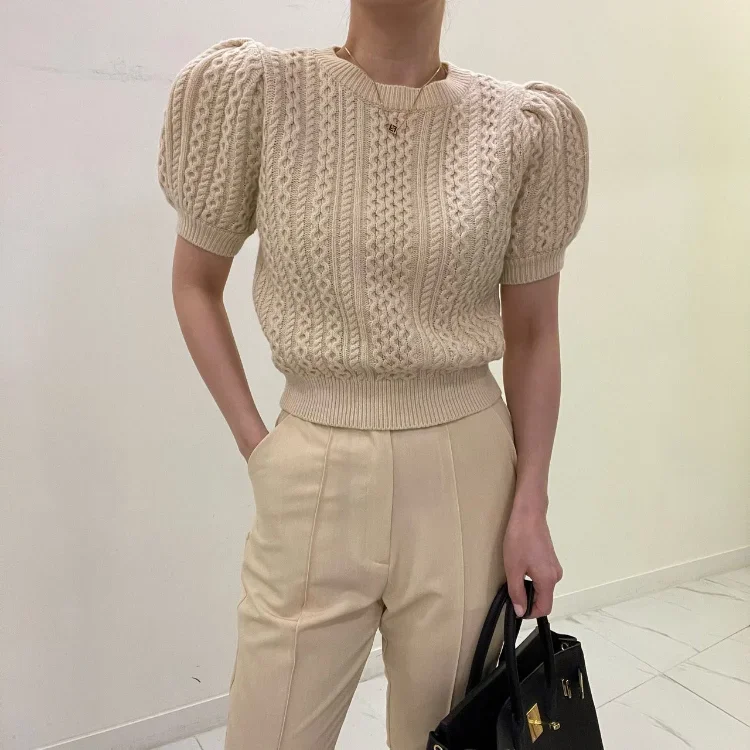 Korobov Spring Wild Short Sleeve Sweater Puff Sleeve O-neck Twist Knitwears Y2k Top Solid Color Korean Fashion Ropa De Mujer