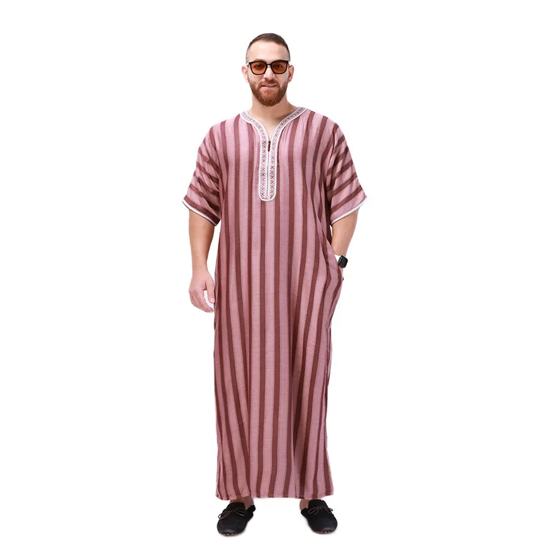 New Muslim Robes Men Jubba Thobe Stripes Short Sleeve Islamic Traditional National Loose Hombre Clothing Dubai Arab Kaftan Abaya