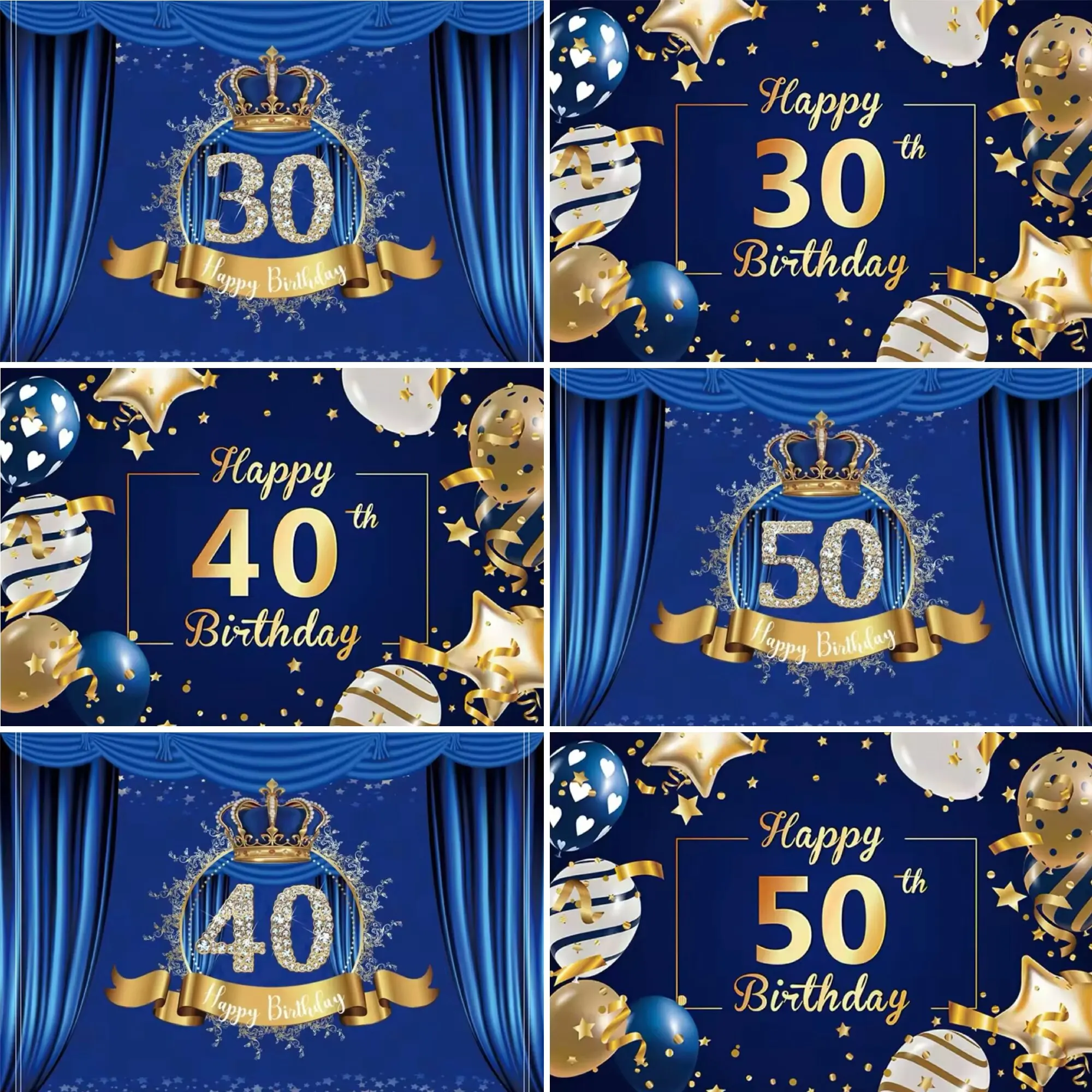 

Happy 30th 40th 50th 60th Birthday Party Decor Balloon Background Blue Gold Birthday Photography Background Cake Table Banner