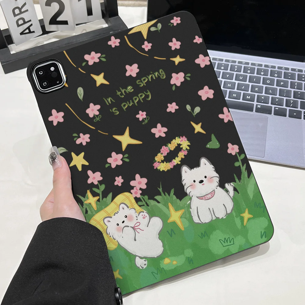 Stylish Spring Puppy Floral Tablet Case for iPad Air 13 2026 12.9inch Air 11 2026 Mini 2019 Pro 11 13 2025 Air 2 9.7 inch Cover