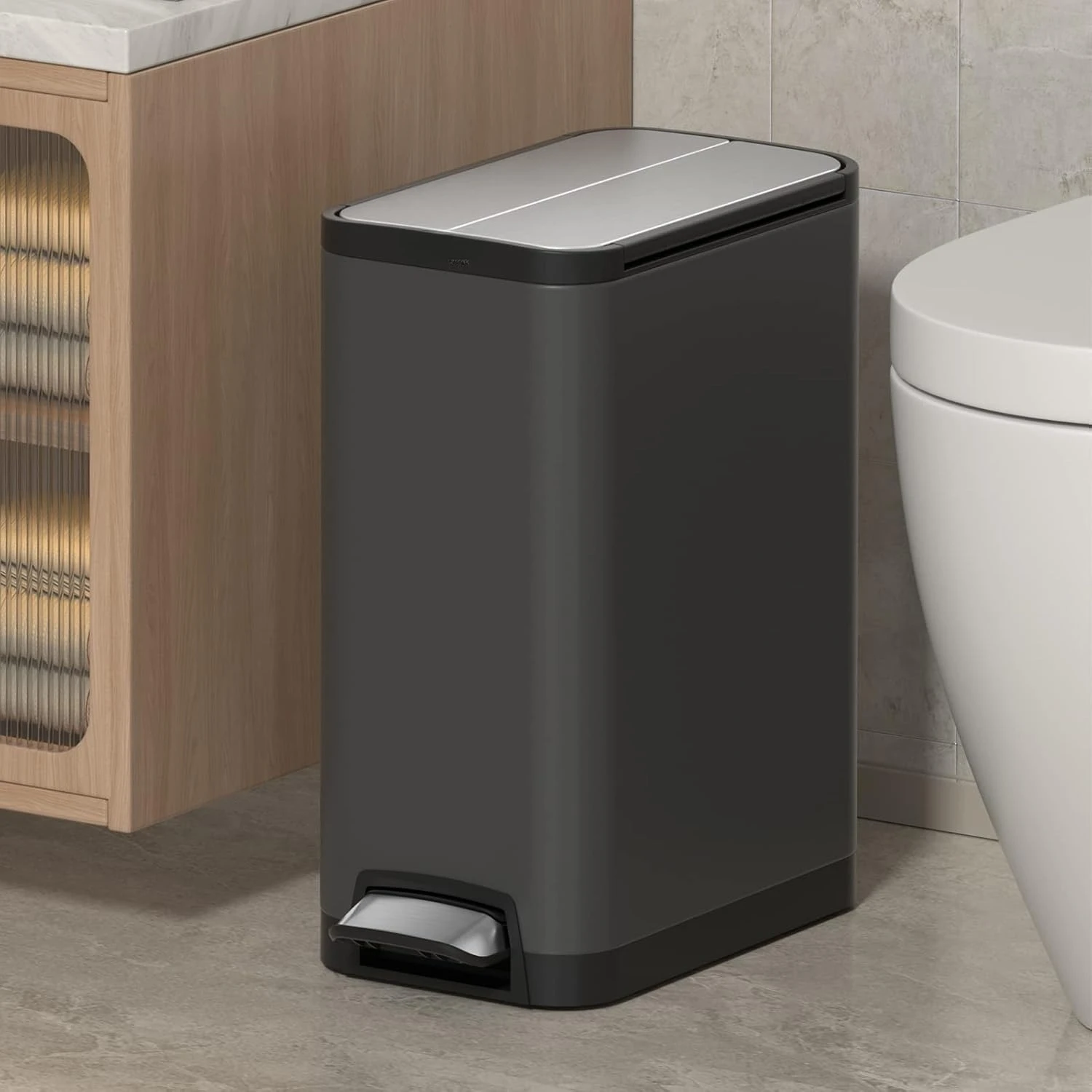 Dark Grey 9.3 Gallon Butterfly‑Lid Step Trash Can, Hands‑Free Foot‑Pedal Metal Waste Bin for Kitchen, Home Office and Household Waste Disposal