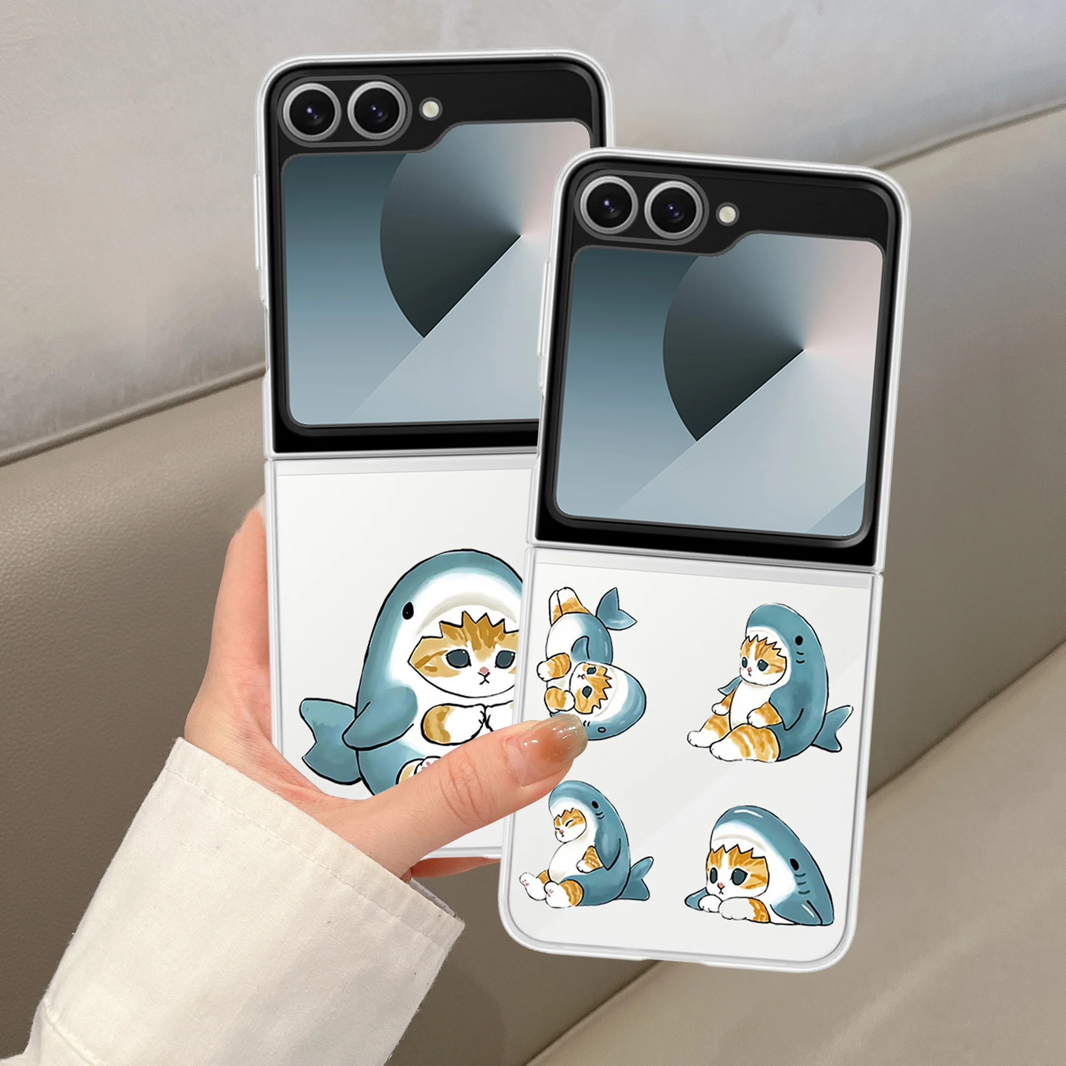 

Cute Cartoon Shark Cat Phone Case For Samsung Galaxy Z Flip 6 ZFlip 7 5 Shockproof Cover for Samsung ZFlip4 ZFlip3 Shell Fundas