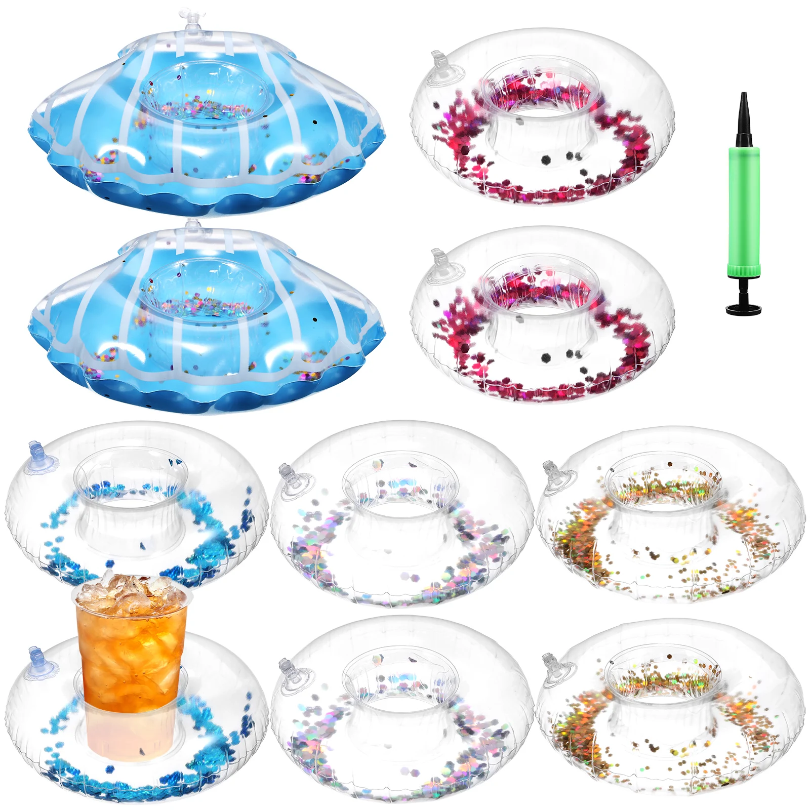 10Pcs Inflatable Drink Holder Glitter Floating Cup Holder Donut Shell Shape Pool Party Floating Coaster Swimming Pool