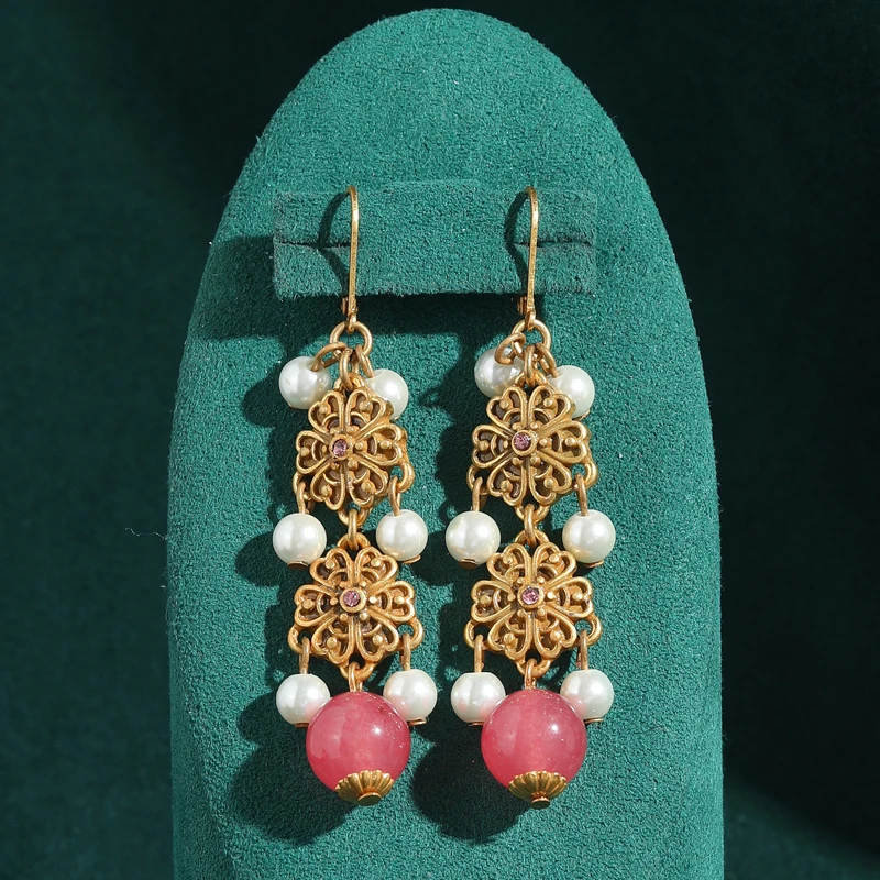 

Antique Gold Plated Natural Stone Flower White Pink Pearl Drop Earrings Vintage Pendant Jewelry Long Design Women Festival Gifts