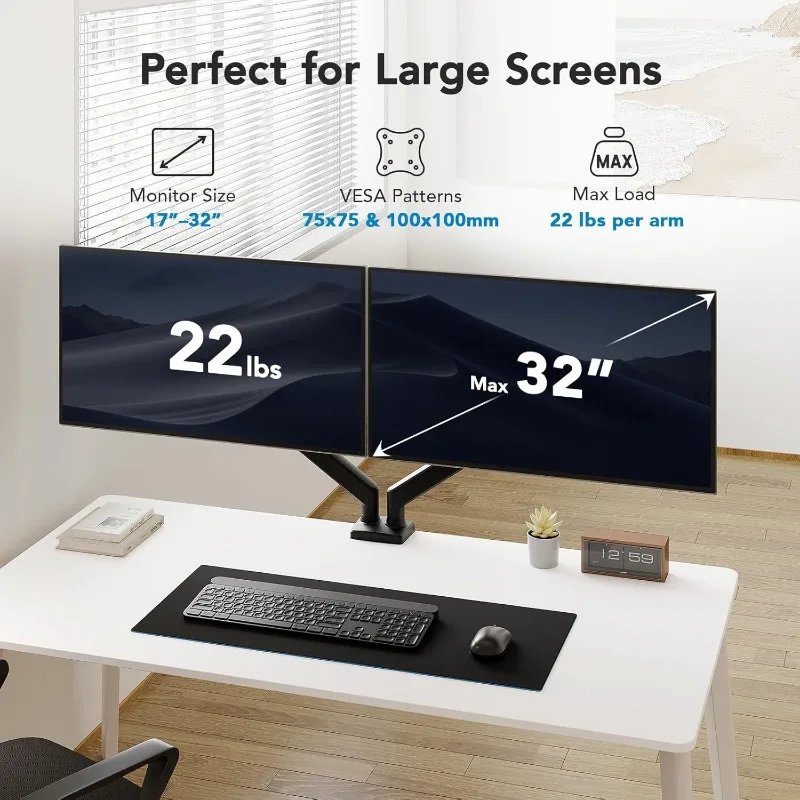 Aluminum Alloy Dual Monitor Arm Desk Mount, Rotating & Extendable Gas Spring Stand for 17-32