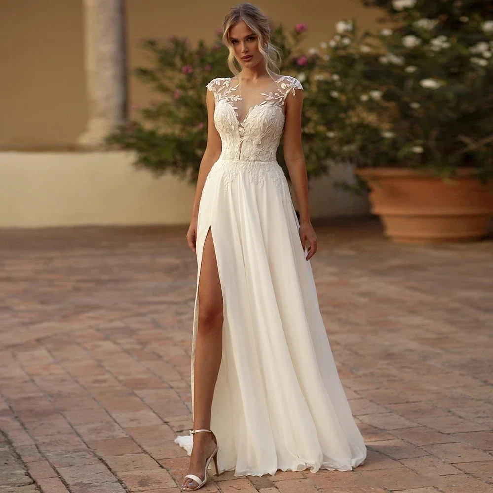 Roycebridal-vestidos de novia bohemios de manga corta para mujer, vestido de novia elegante con abertura lateral, Espalda descubierta, Playa