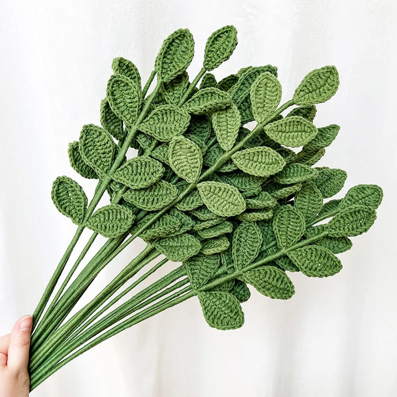 Hand Knit Eucalyptus Leaves Home Decor Knitting Flowers Graduation Ceremony Ornament Artificial Cotton Cord  Flowers Gift Decor