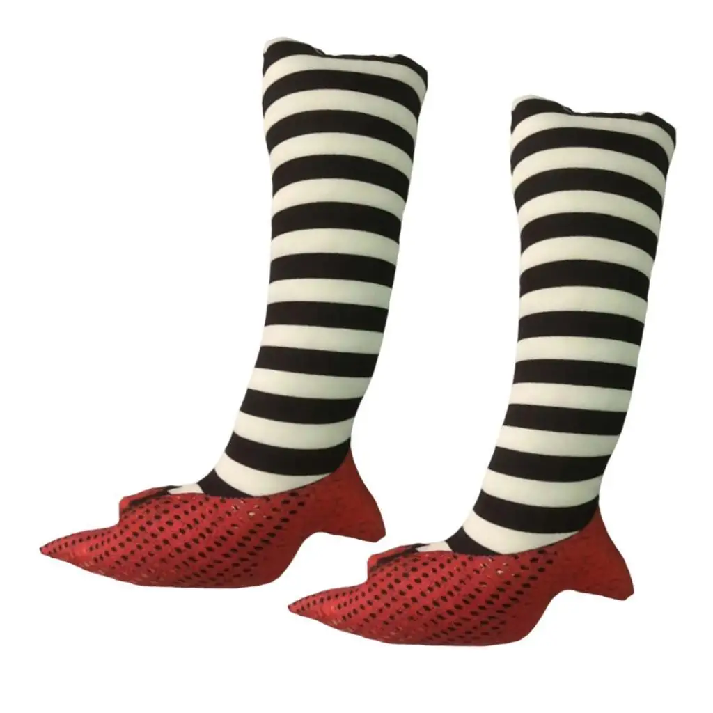 Wicked Witch Legs Halloween Prop Red Shoes for Haunted House Party Porch Decoration Cotton Material Novelty Stripe Pattern